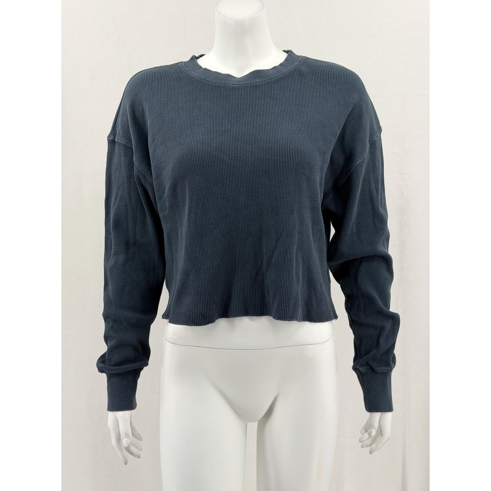 Perfectwhitetee Top Womens Small Blue Gray Waffle‎ Knit Thermal Crop Long Sleeve